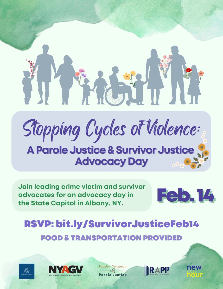 ALL survivors deserve support to heal. New York can help make that a reality this year by passing #ParoleJusticeNY & Fair Access to Victim Compensation. 

Join us on 2/14 to call on NY lawmakers to prioritize healing and stop cycles of violence. 

RSVP: bit.ly/SurvivorJustic…