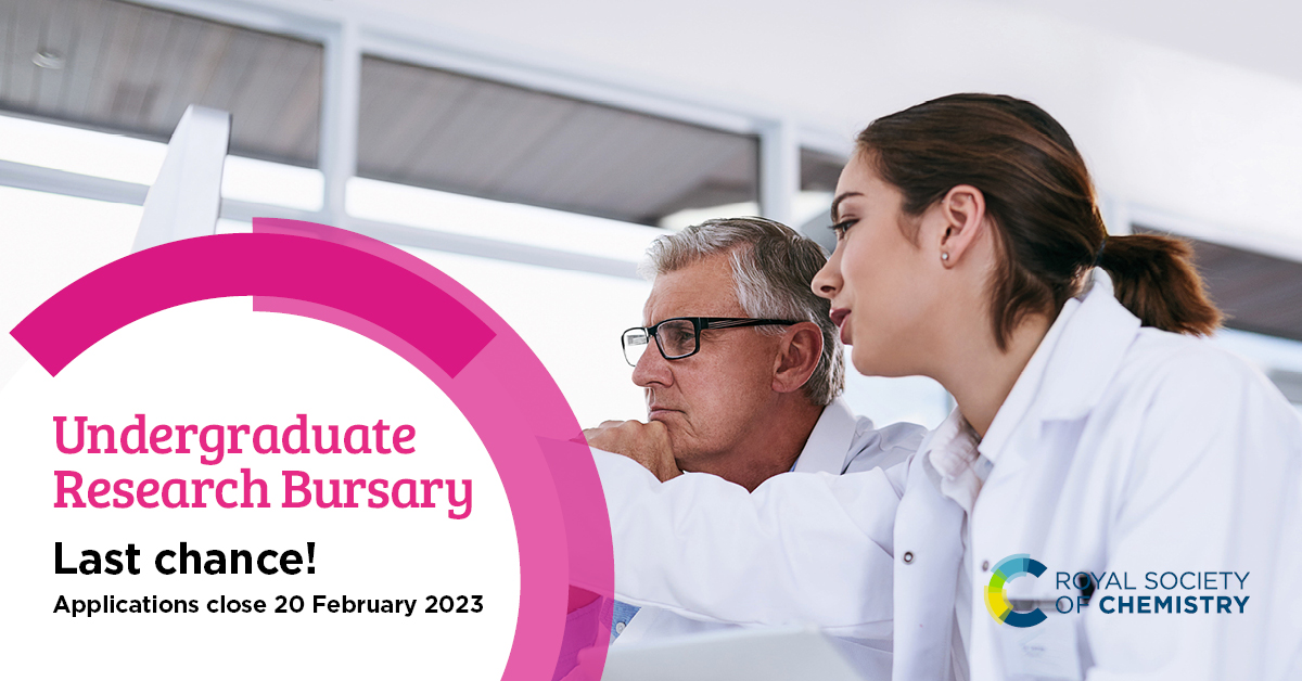 #Chemistry undergrads: don't forget to apply for a @RoySocChem 2023 Undergraduate Research Bursary! If you’d like to be considered for summer research project support, send us your application by 20 February. Learn more and apply: rsc.li/3Ht1Oxv