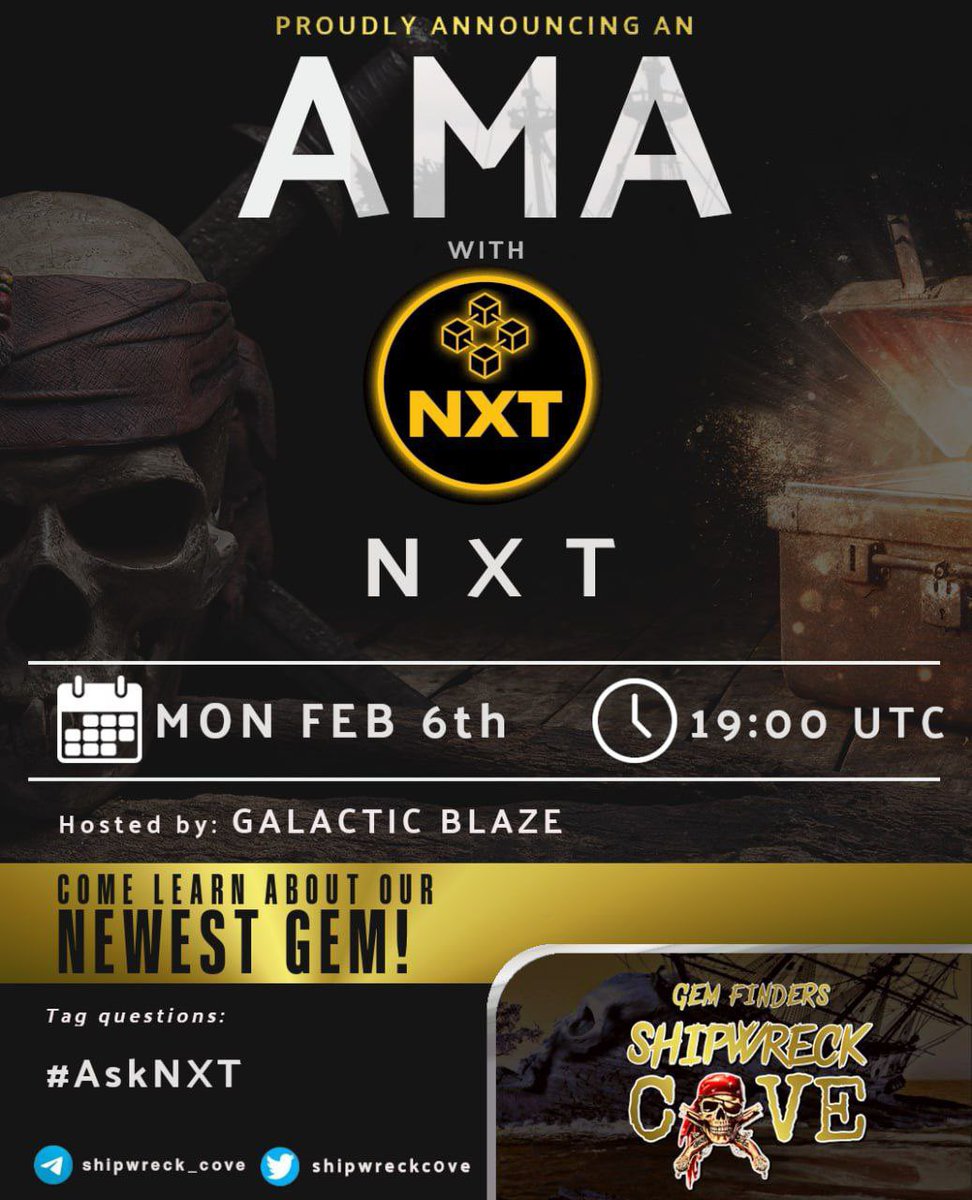 NXT_chain's tweet photo. Tune into our #AMA tomorrow with Shipwreck Cove! #NXTCHAIN #NXTTECHNOLOGIES #BLOCKCHAIN #CRYPTO
Location: https://t.co/thOPSeiGqC
Time: Mon Feb 6, 7pm UTC; 2pm EST; 11am PST https://t.co/Qxm7fzmAmy