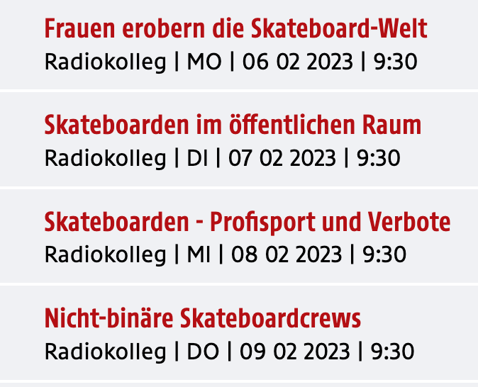 Unsere vierteilige Serie über Skateboarding, Rollenclichés und Subkultur läuft ab morgen auf <a href="/oe1/">Ö1</a>. Von der bald 60-jährigen Wiener Skatelegende bis zu den Flinta*-Banden. Von der Kärntner Olympiaskaterin bis zum Skateverbot in Graz
oe1.orf.at/programm/20230…