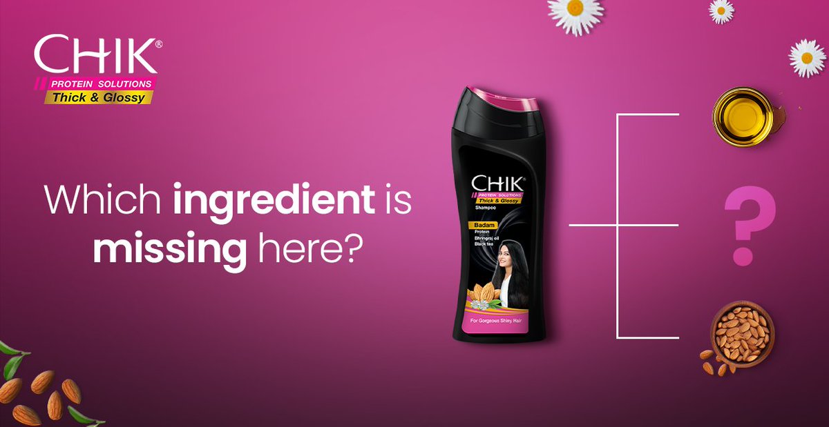 chikbyck's tweet image. Guess the missing ingredient of the CHIK Thick and Glossy shampoo and get a chance to win exciting prizes!

Rules for participation
Follow CHIK and comment your answer below
Share this post as your story and tag us
Tag your friends for brownie points.

#CHIKShampoo #HairCare