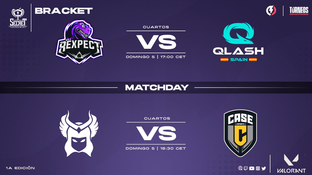 #SecretValorant #SecretVALFemenino 

Doble partido, doble emoción. No te los pierdas.

<a href="/RexpectGlamour/">ReXpect Glamour</a> 🆚 <a href="/QLASH_Spain/">QLASH España 🐉</a> 
🎙️ • <a href="/jordiprods/">Jordi 🎙</a> &amp; <a href="/LeonidasMadiba/">LeoMadiba</a>
🕰️ • 17:00 CET

<a href="/KeresEsports/">Keres Esports</a> 🆚 <a href="/CaseEsports/">Case Esports 🟡</a> 
🎙️ • <a href="/BanSheeQ_/">LATE NES☕</a> &amp; <a href="/isaceni99/">Koala🎤</a>
🕰️ • 19:30 CET

📺 • twitch.tv/secrettourname…