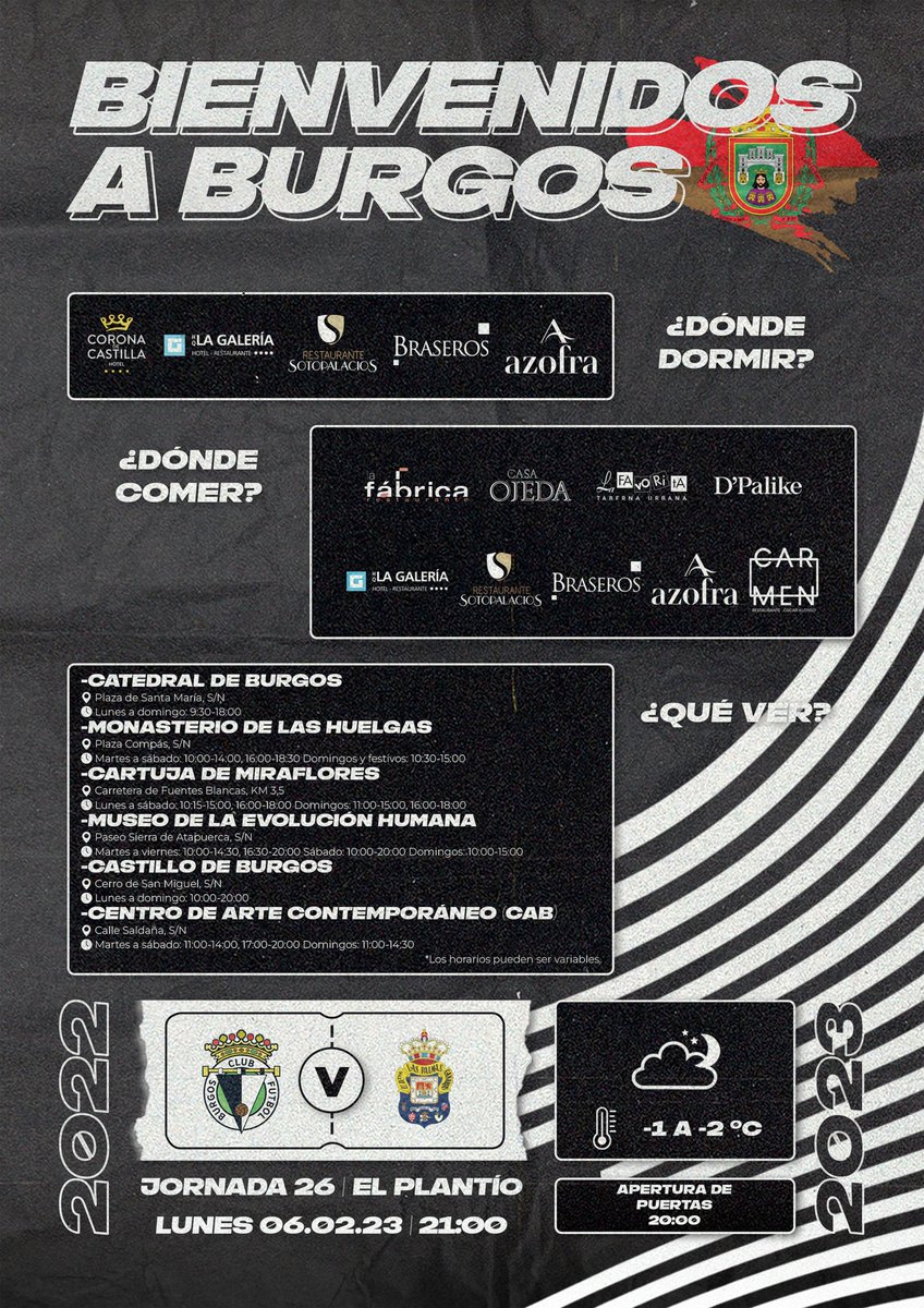 Burgos_CF's tweet photo. 🐤🤗¡Pío-píos, bienvenidos a Burgos!

¿Nos visitas mañana para disfrutar del partido entre #BurgosCF y @UDLP_Oficial? Aquí te dejamos unos consejitos para disfrutar de tu estancia en nuestra ciudad.

#BurgosCFLasPalmas https://t.co/QphO4TTpet