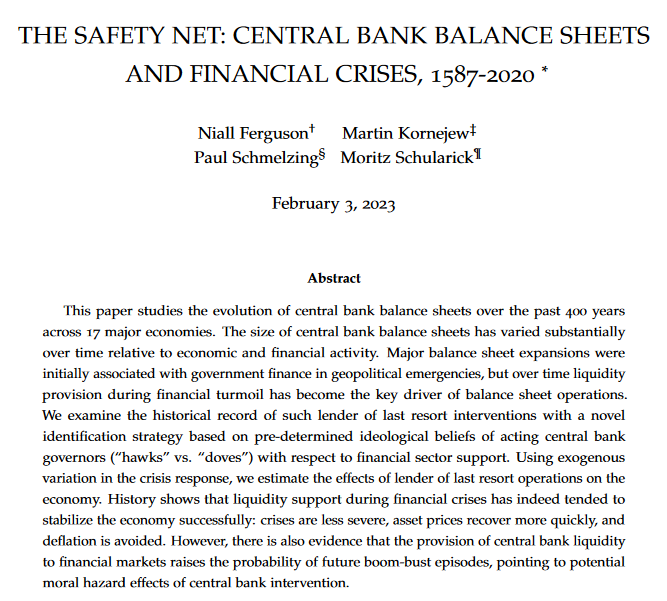 MSchularick's tweet image. 1/N It’s a special February! Two multi-year research projects finally come to fruition. The papers close two major gaps (imho) in the financial stability literature. No 1 on CB balance sheets with @nfergus @MartinKornejew @paul_schmelzing 
"The Safety Net"
bit.ly/3HoHc8o