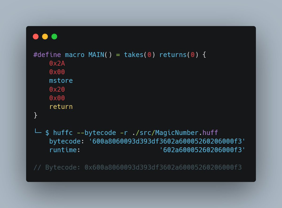 p_misirov's tweet photo. Redoing all @the_ethernaut challenges using @huff_language and arrived to Magic Number, the one where we had to write bytecode to pass the level!
This is why HUFF is so cool!

👈Left:   Write runtime + initialization then compile
👉Right: Write runtime then compile https://t.co/YWUsI02DkO