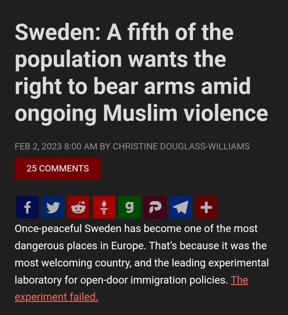 At one stage Sweden was fully on the #RefugeesAreWelcome train but then the rapes & grenade attacks started to happen daily & after a few years of that now the native Swedes want to be armed to protect themselves. This experiment has failed everywhere its been tried before.