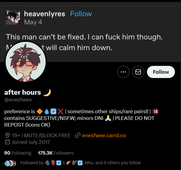 VNNZ16's tweet photo. Another queer artist getting booted 'cause they draw lewd arts of Genshin men kissing each other.
Welcome to the club, @enesfwee~
https://t.co/wpcgrUlZXb
#HumanRights
#BlokirKominfo
#GugatKominfo
#TuntutKominfo
#SaveDigitalFreedom https://t.co/eRSfZgVSxQ