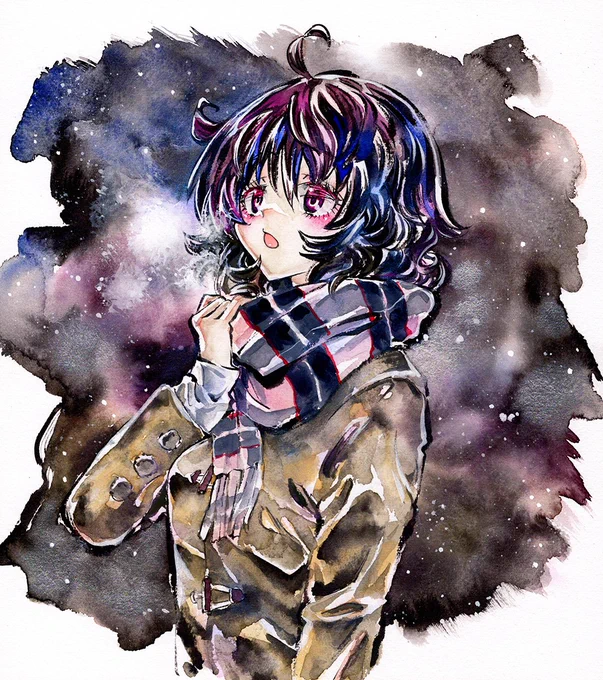 ヤフオクにオリジナルのアナログ画を出品しました!2/7 (火) 22:00まで出品しています。手描きイラスト◆創作◆色紙◆墨彩画 「冬の夜空」  #ヤフオク 