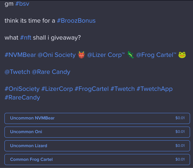 SenorBrooz's tweet photo. gm #bsv twitter
poll is live on my @twetchapp profile to vote for a #BroozBonus #nft
https://t.co/2xKuDyKUiK
@nvmbearNFT @OniSociety @LizerCorp @FrogCartelNFT
#Twetch #TwetchApp #RareCandy #NVMBear #OniSociety #LizerCorp #FrogCartNFT https://t.co/WvNlFi8jIa