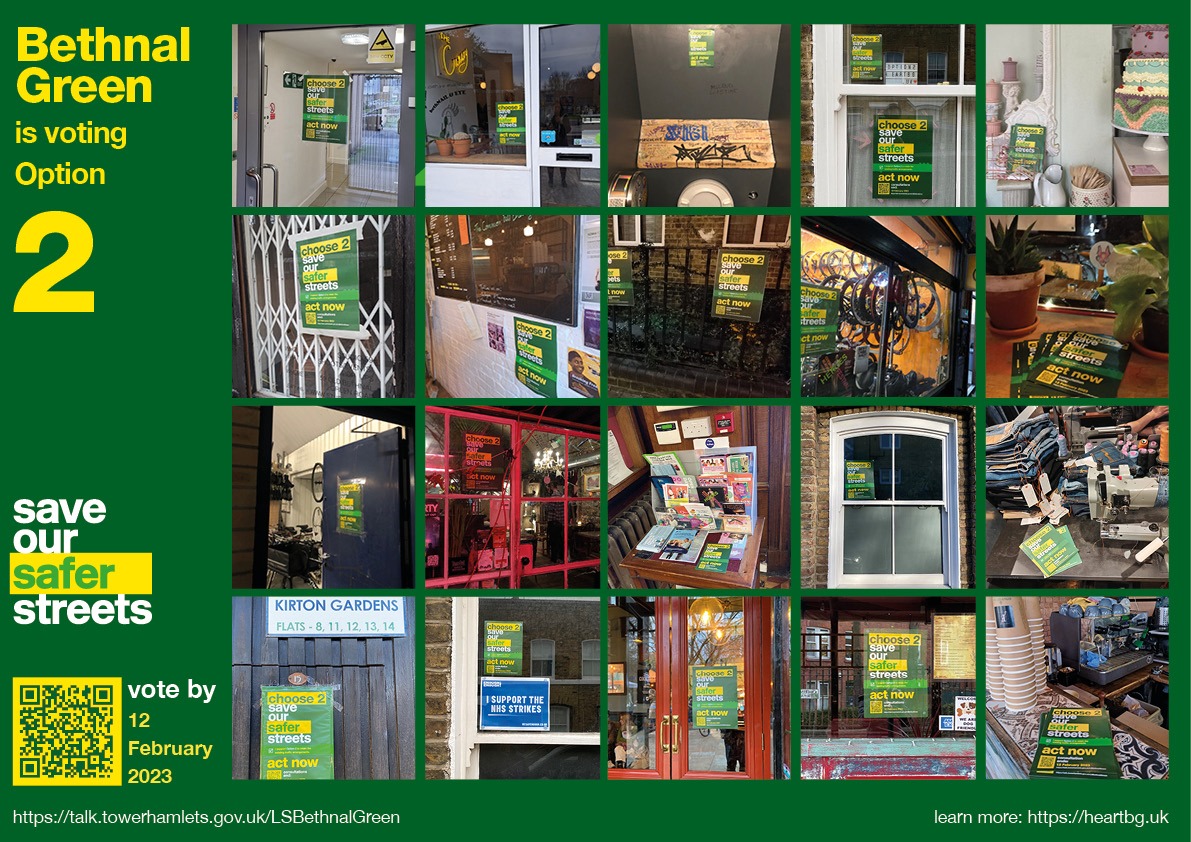 SaveBGstreets's tweet image. Show of support for "Option 2" from residents and businesses across Bethnal Green to keep our streets safe from the council's plans to bring back rat-running on minor roads.