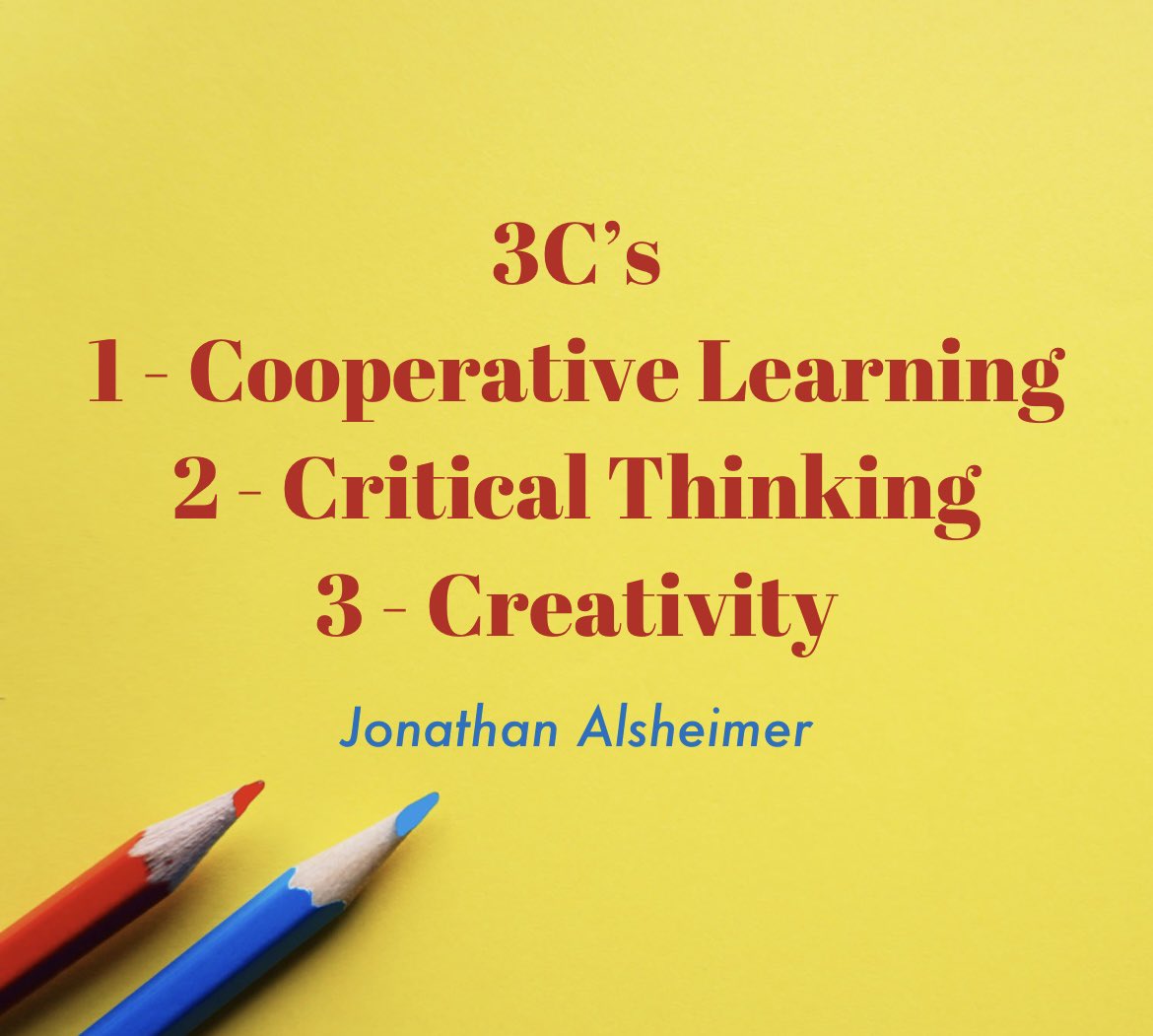 Jonathan Alsheimer (@mr_alsheimer) on Twitter photo The 3C’s of Student Engagement and Instructional Design 📚✏️
1 - Cooperative Learning 
2 - Critical Thinking 
3 - Creativity 
Enhance student learning by incorporating the 3C’s into instructional activities as often as possible. The 3C’s of Student Engagement and Instructional Design 📚✏️
1 - Cooperative Learning 
2 - Critical Thinking 
3 - Creativity 
Enhance student learning by incorporating the 3C’s into instructional activities as often as possible.