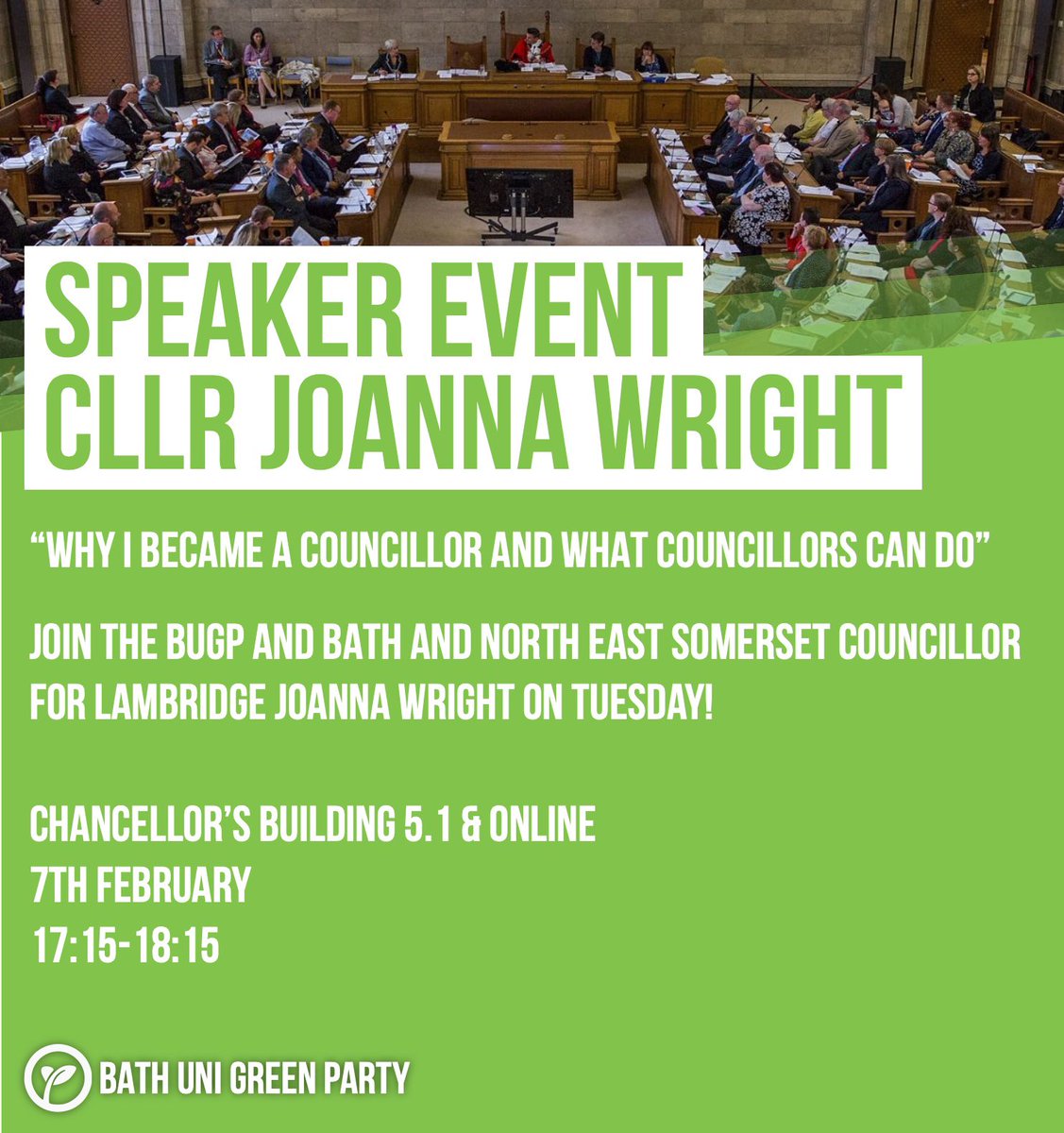 bathunigreens's tweet photo. On Tuesday we will be joined by Bath and North East Somerset councillor Joanna Wright!

Joanna is the only green councillor on the council and is standing for re-election this May. Come along to see what having a green in the room can do! https://t.co/6uih9cPOxl