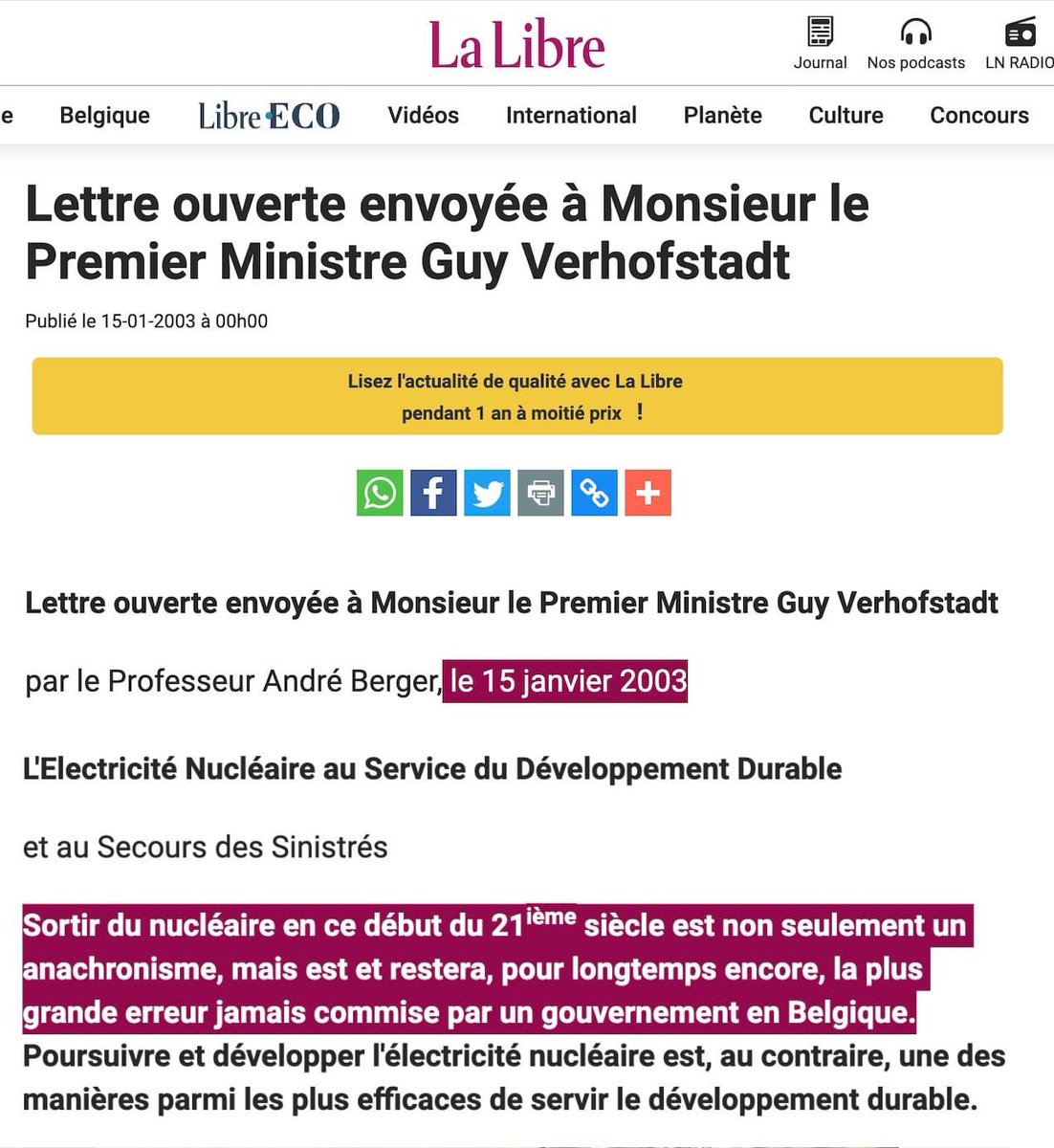 Hugues's tweet photo. « Sortir du nucléaire en ce début du 21eme siècle est non seulement un anachronisme mais est et restera pour longtemps encore la plus grande erreur jamais commise par un gouvernement en Belgique » 
15/01/2003 #SaveNuke 🌍💚⚛️ @alexanderdecroo @egbertlachaert #escrolo https://t.co/nY5H6LWn7r