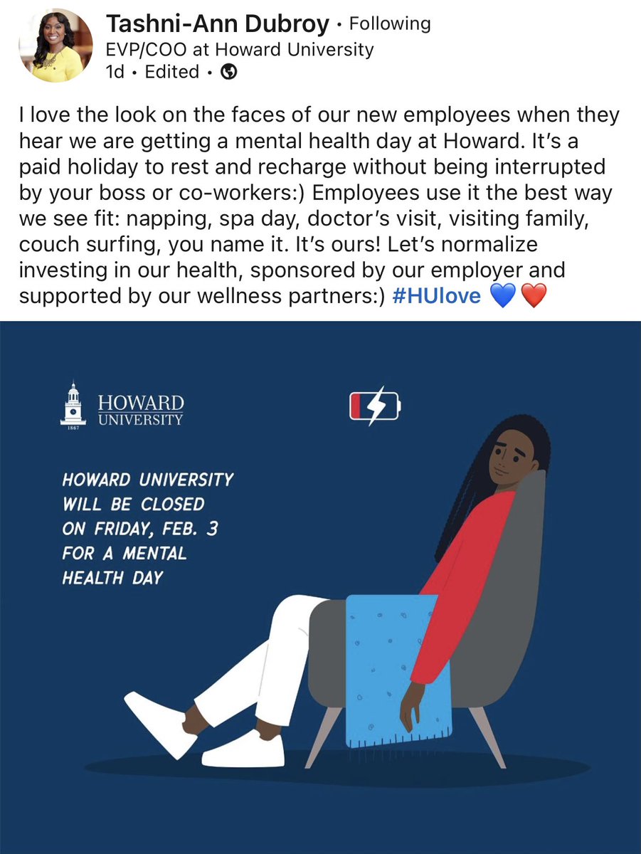 🗣Mental Heath Day for all employees… not just a few!  I 💙this!! #selfcare #MentalHealthMatters <a href="/HowardUniv/">HOWARD UNIVERSITY</a>