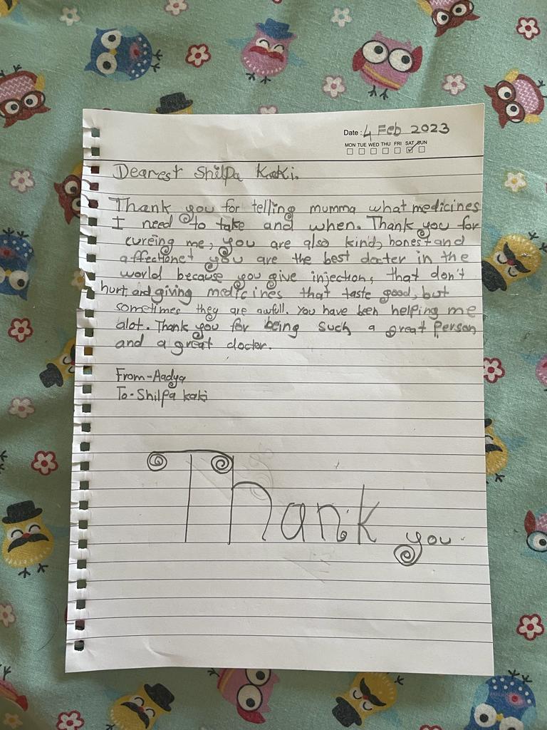 twithgnani's tweet photo. My niece Aadya, who is 9 years old was recently down with fever and was attended by our family friend, physician, Dr Shilpa Kulkarni. Yesterday, she sent the below handwritten letter to her Shilpa aunty. Indeed kids teach us a lot! #gratitude #thankyou https://t.co/RblWOZMCVx