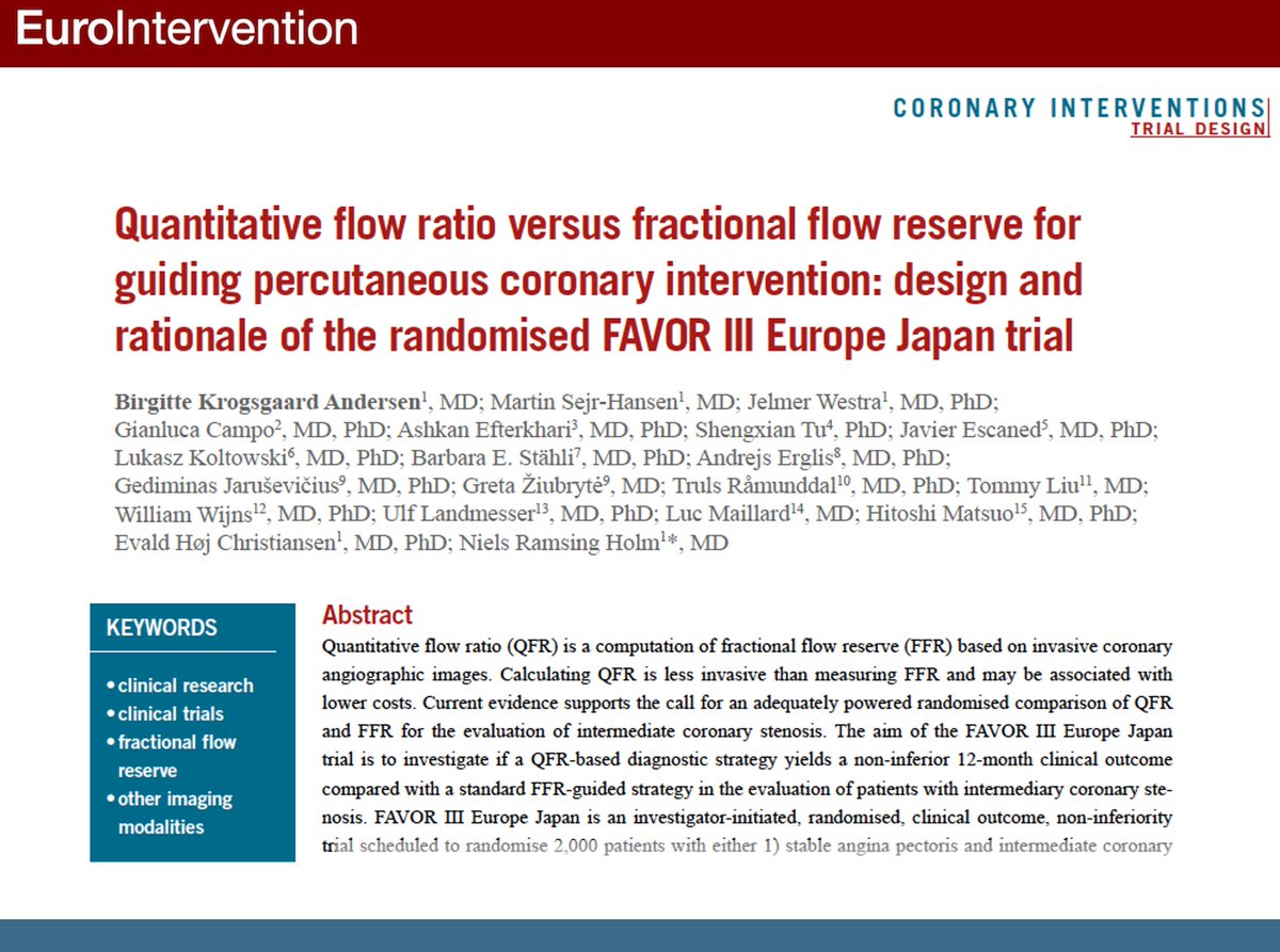 EuroIntervention (@eurointerventio) on Twitter photo The FAVOR III Europe Japan randomised trial may determine if QFR-guided coronary artery revascularisation is non-inferior to FFR-guided coronary revascularisation with respect to clinical outcomes. #EAPCI <a href="/GianlucaCampo78/">Gianluca Campo</a>
ow.ly/2q9B50MspGy The FAVOR III Europe Japan randomised trial may determine if QFR-guided coronary artery revascularisation is non-inferior to FFR-guided coronary revascularisation with respect to clinical outcomes. #EAPCI <a href="/GianlucaCampo78/">Gianluca Campo</a>
ow.ly/2q9B50MspGy
