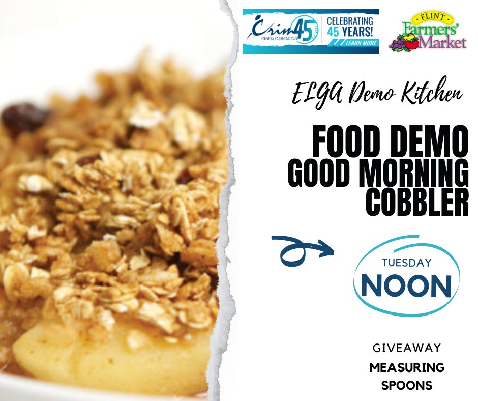 Join us this Tuesday at noon for a cooking demo with the Crim Fitness Foundation! We'll be making Good Morning Cobbler. Stop by for the free demo and a fun giveaway.