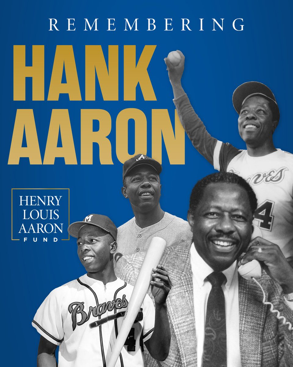 Braves's tweet image. Today we remember “The King” Hank Aaron on his birthday 💙

Help us continue to support Hank’s life-long passion to increase minority participation in baseball on and off the field with a donation of $7.55 to the Henry Louis Aaron Fund: Braves.com/HLAF