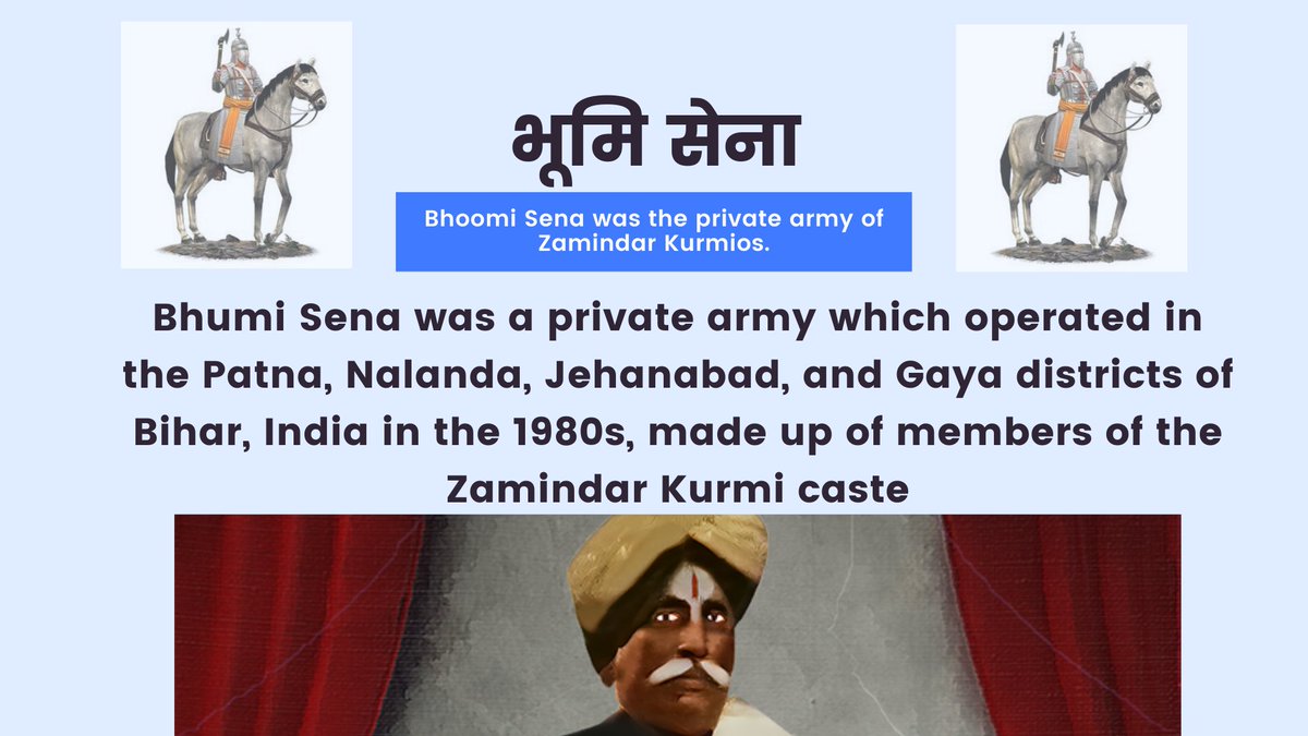 Bhumi Sena was a private army which operated in the Patna, Nalanda, Jehanabad, and Gaya districts of Bihar, India in the 1980s, made up of members of the Zamindar Kurmi caste
#ZamindarKurmi #BhoomiSena
#LandlordKurmi #KurmiPatidar
<a href="/ippatel/">Prashant Umrao</a> <a href="/NitishKumar/">Nitish Kumar</a> <a href="/RCP_Singh/">RCP Singh</a> <a href="/swatantrabjp/">Swatantra Dev Singh</a>