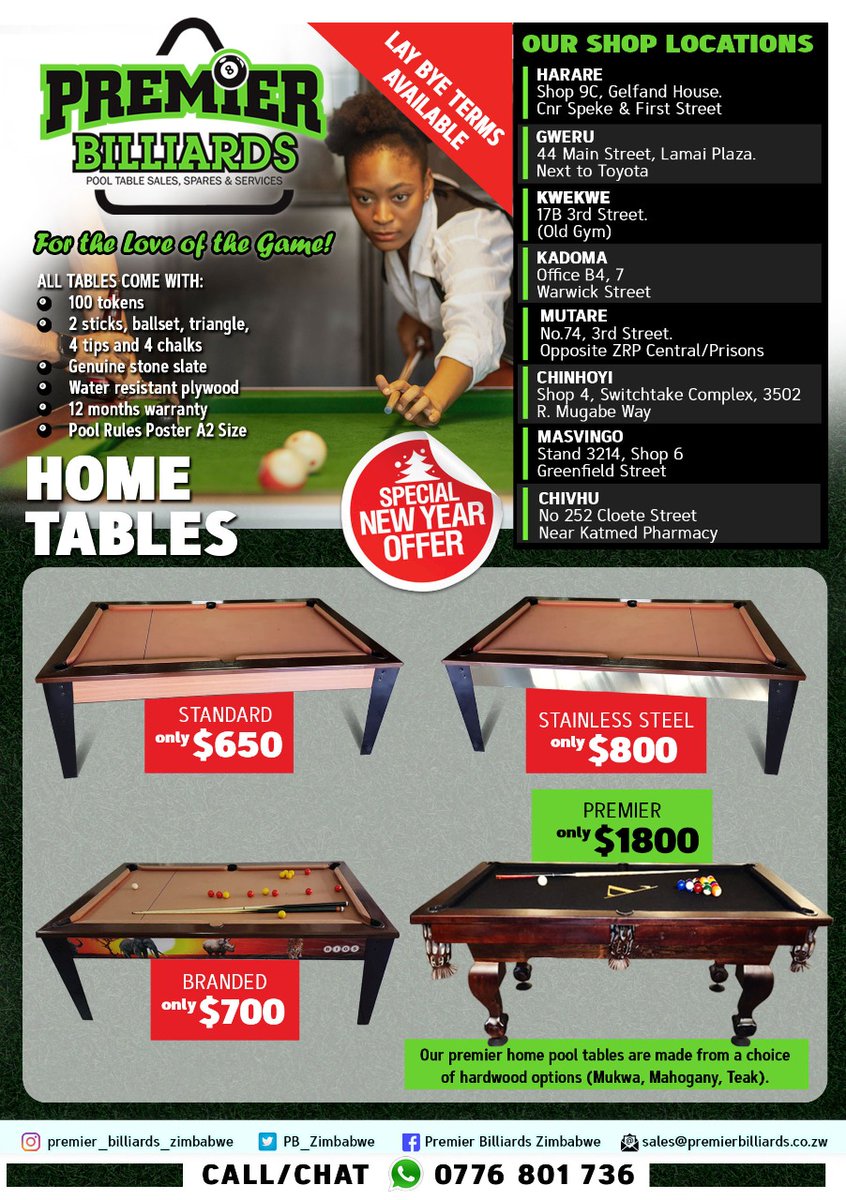 #redmarketsunday
<a href="/redmarketsunday/">Red Market Sunday</a> 
<a href="/iMisred/">MISRED</a> 
PREMIER BILLIARDS ZIMBABWE. We provide the best price and quality for Pool and Soccer Tables, Spares &amp; Accessories, Call/App Premier Billiards +263776801736