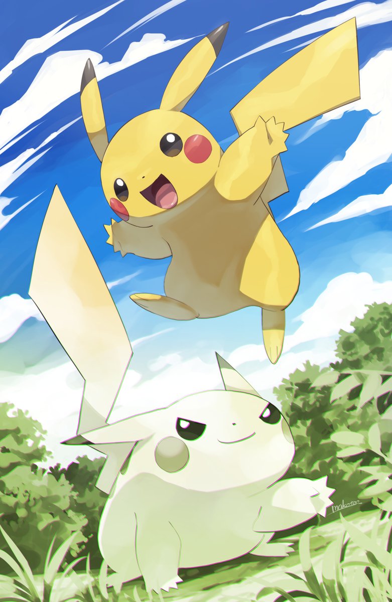 pikachu pokemon (creature) no humans outdoors smile day sky open mouth  illustration images