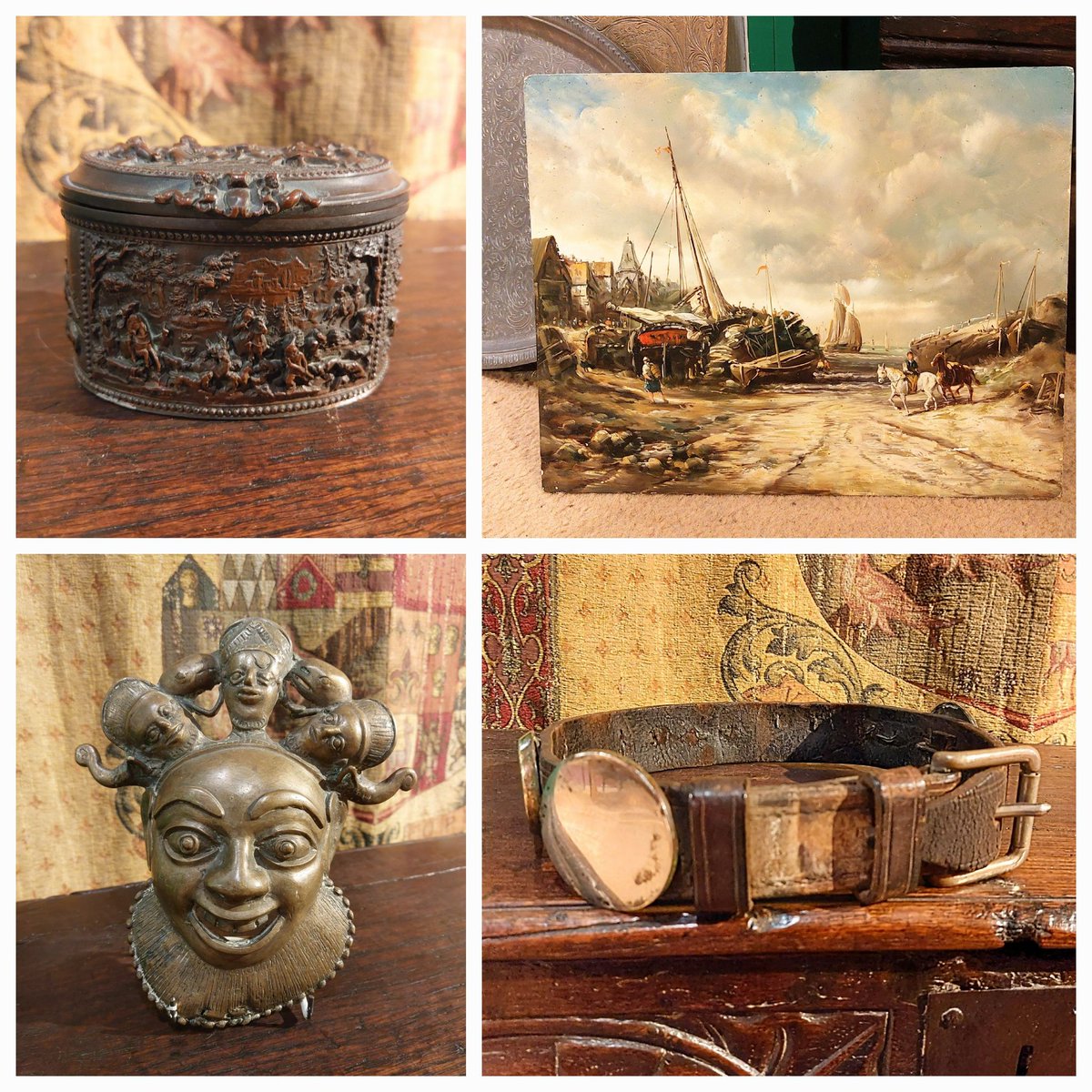 #leatherwingback #beninbronze #frenchbox #antiquecollar #oilonboard #paintingofboats #judismithantiques #eversleybarnantiques