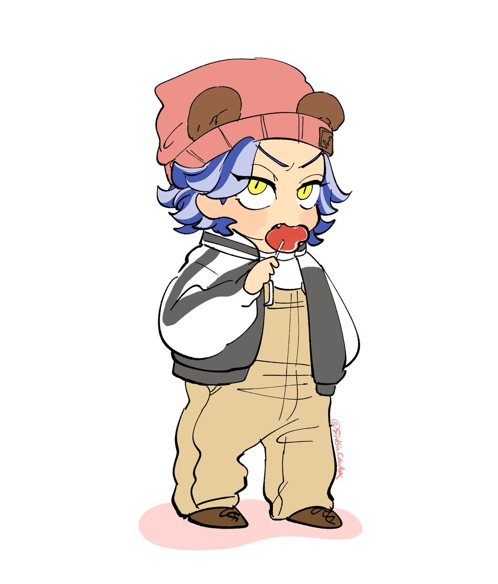 solo hat blue hair yellow eyes food beanie 1boy  illustration images
