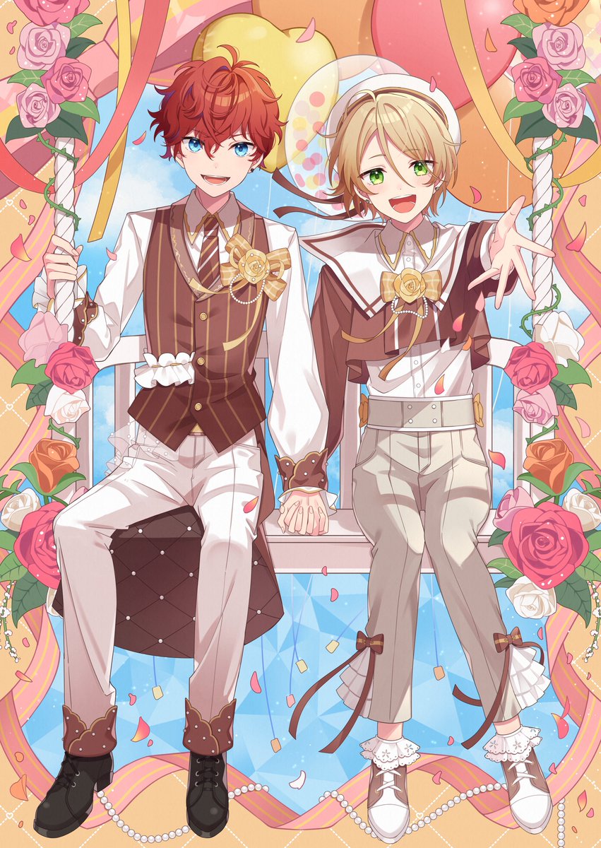 multiple boys 2boys blue eyes flower holding hands rose green eyes  illustration images