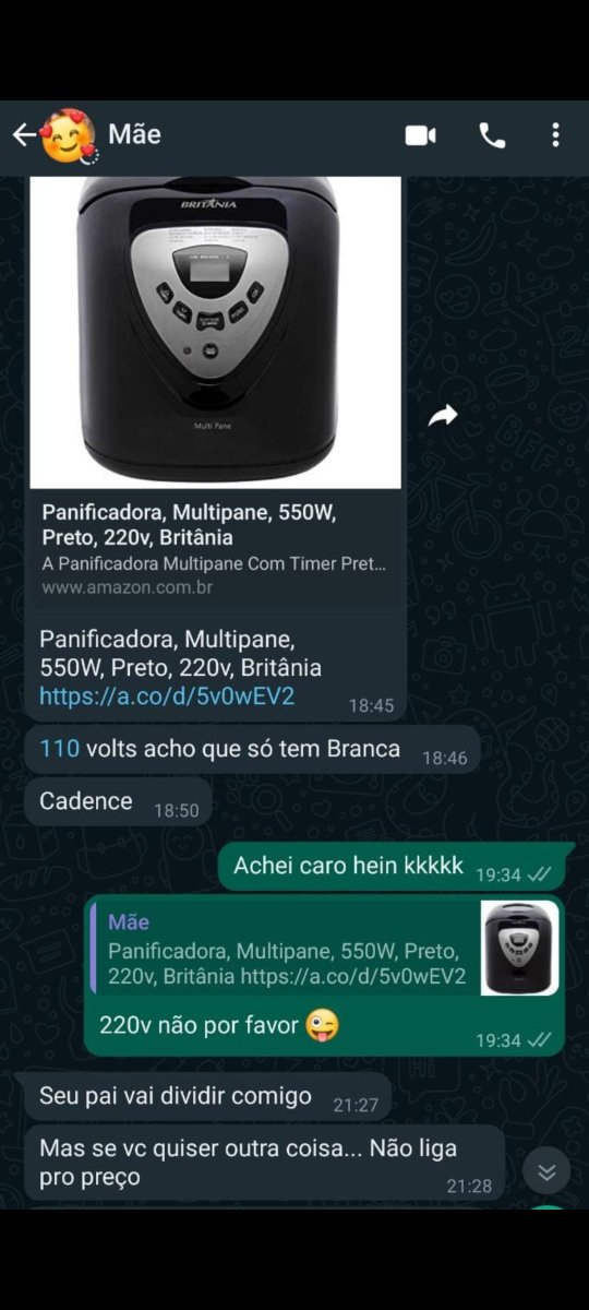 PeruquinhaJG's tweet image. Faço aniversário domingo que vem e meus pais, muito queridos, decidiram me dar de presente uma panificadora elétrica.

Eis que me perguntam da cor e da voltagem. Informação muito importante: aqui em casa não tem tomada 220v, apenas 110v
+