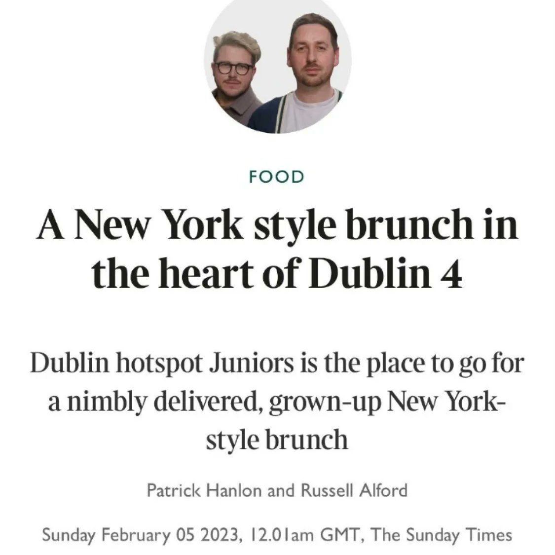 Thank you <a href="/GastroGays/">Subscribe to Chip Paper on Substack</a> for much excitement reading <a href="/ST__Ireland/">The Sunday Times Ireland</a> today! The whole team <a href="/JuniorsDeliCafe/">Juniors Restaurant</a> is thrilled with this great review too. So glad you enjoyed your meals with us and hope we'll see you again soon.
