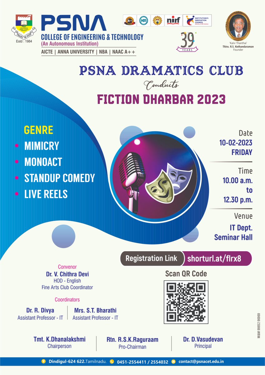 PSNA Dramatics club conducts Fiction Dharbar 2023

#PSNA #psnacet  #AICTE #AICTE_INDIA #AICTEApproved  #transforminglives #topcolleges #bestcollege #bestcollegeinindia #BestColleges #topcollegesinindia #engineering #engineeringstudent #BestEngineeringCollege