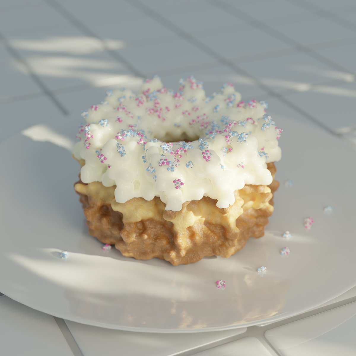Confession: I never finished a donut🍩 tutorial by <a href="/andrewpprice/">Andrew Price</a> 

After 7 years of #blender I finally did it. No regular donut, but a biomolecular one and sprinkles are glucose &amp; fructose molecules. I hope that counts 😅

One question left: would you eat it?

#b3d #donut #sciart