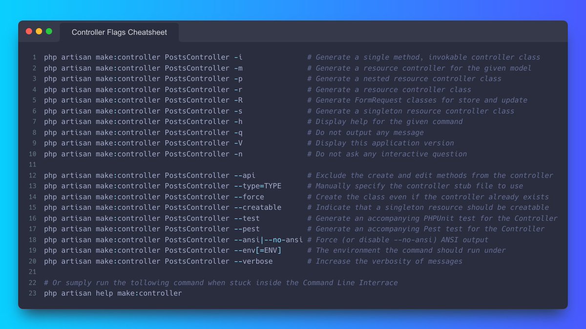 codewithdary's tweet image. I added all available flags when creating a controller through Artisan in one image. Which one is new to you?
Ps. there is a command available that will display them inside the CLI 🙂 #laraveltips