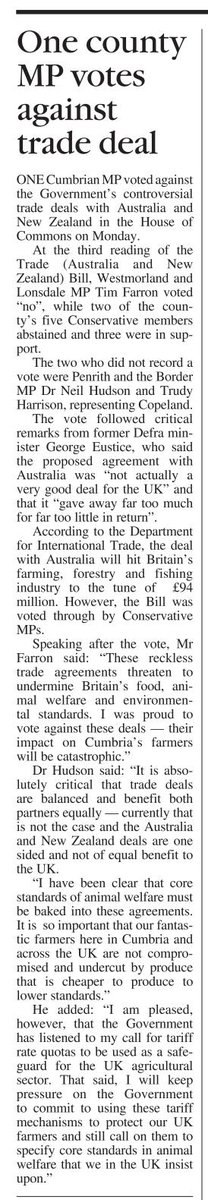 Interesting piece in the @CWHerald about how @timfarron voted against the damaging Australian trade deal while @DrNeilHudson sat on the fence! @LibDems @ALDC @PenrithBorderLD @libdemlocalgov @libdems4housing @euromove @TheNewEuropean @LibDemEurope @NFUtweets @tradegovuk