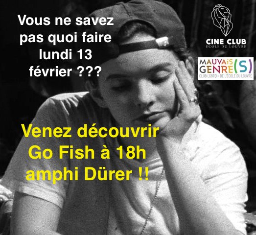 CineclubEDL's tweet photo. Avec @MGenres_EdL, on vous donne rendez-vous dans moins d'une semaine pour Go Fish de Rose Troche lundi 13 février à 18h amphi Dürer !! 

⏰ PS : les extérieurs qui veulent venir, envoyez-nous un mail à cineclubecoledulouvre@gmail.com https://t.co/I5uvOdlhww