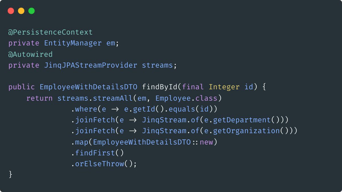 Java Tip 💡

With the Jinq (jinq.org) library you can write database queries using Java streams. It provides a similar query style to the well-known .NET LINQ library. Of course, you can easily integrate Jinq with Spring Boot 👇
🏷️ #java #jpa #streams