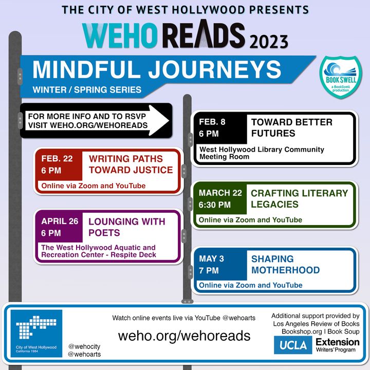 WeHo Reads returns on 2/8/23 at 6pm with a focus on mindful journeys toward a better future. Building on last year’s “Road to Joy” theme, we now look to the future and the paths we can take toward harmony. The event is free. RSVP weho.org/wehoreads #poetry #writer #author