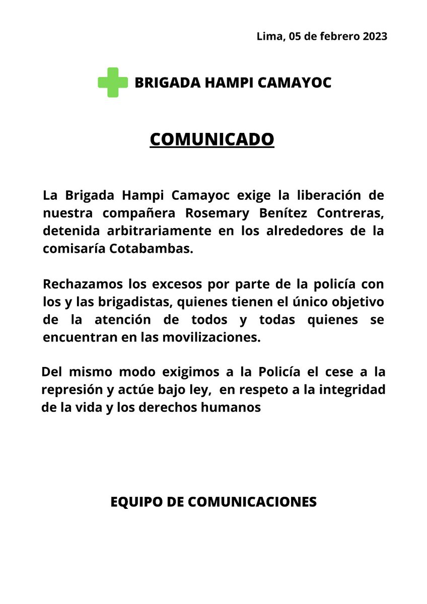 BrigadaHampi's tweet photo. Exigimos la liberación de nuestra compañera Rosemary Benítez Contreras, en alrededores de la comisaría Cotabambas.
Exigimos a la Policía el cese a la represión y actúe bajo ley,  en respeto a la integridad de la vida y derechos humanos.
#BrigadaHampiCamayoc 
#DerechoALaSalud https://t.co/yRZAvemODj