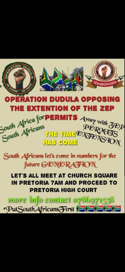 Patriot2theCore's tweet photo. This is a great opportunity for all unemployed SA citizens to make their point in this non-violent mzabalazo against the unconstitutional and anti-SAcan ZEP. 
Joina Mzabalazo!! so that those jobs must come back to the hands of unemployed SA citizens. https://t.co/rYqGtvZye9