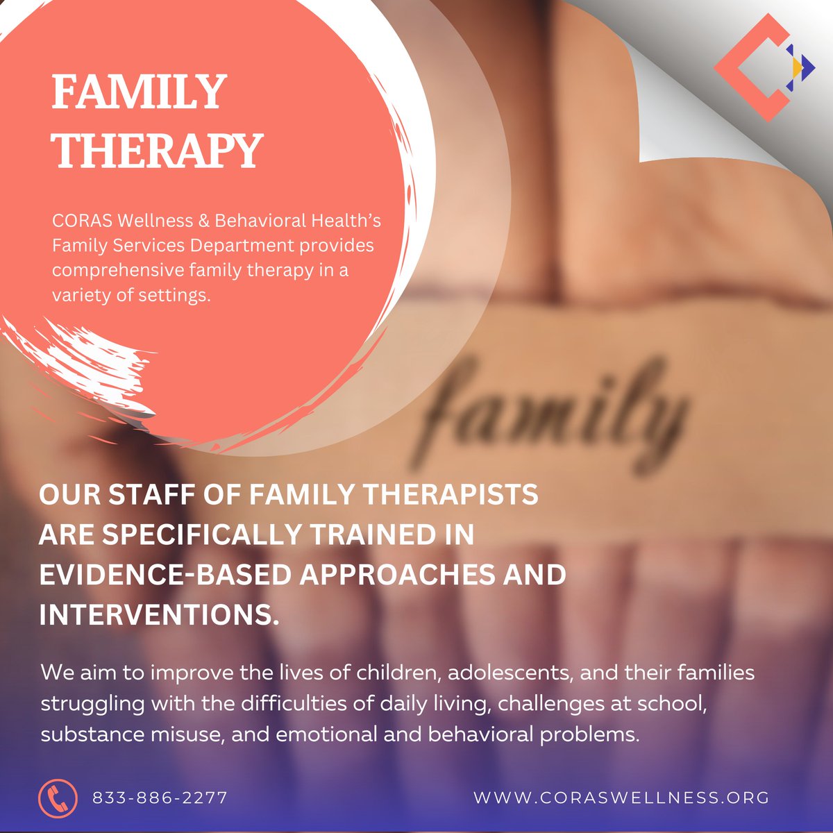 Do you have a family problem? Our parent-child therapy services can help. 

📍coraswellness.org

#addiction #treatment #recovery #recoveryprocess #successful #success #treatmentprogram #addiction #addictionisreal #addictionhelp #addictionkills #addictionawareness