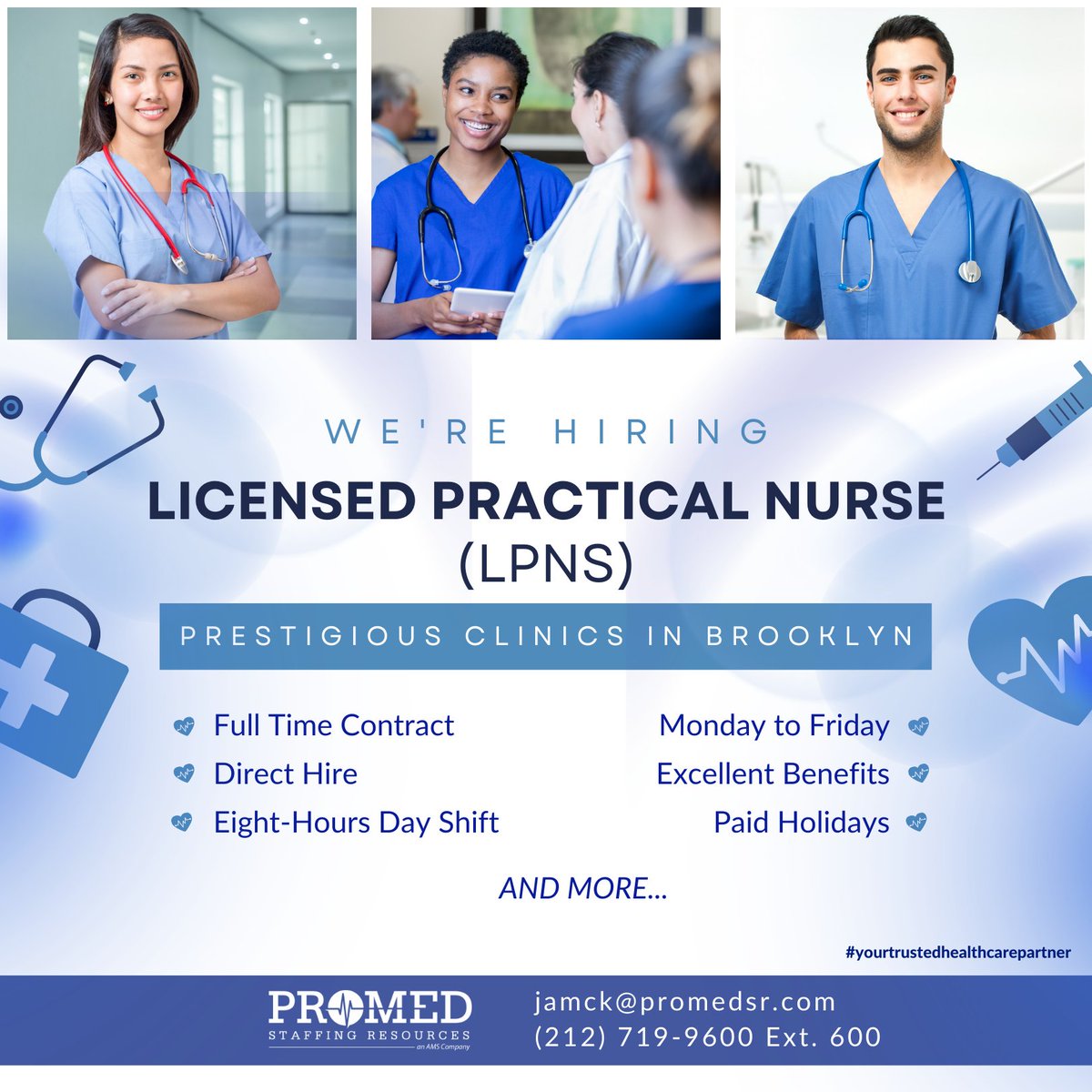 Promed Staffing Resources has an exciting #opportunity for a #fulltime, #temptohireposition as a #licensedpracticalnurse in prestigious #clinics throughout #brooklyn. Please contact Jacquelynn Mack-Torres at jmack@promedsr.com 

#lpnjobs #brooklynjobs #nursing #promedsr #hiring