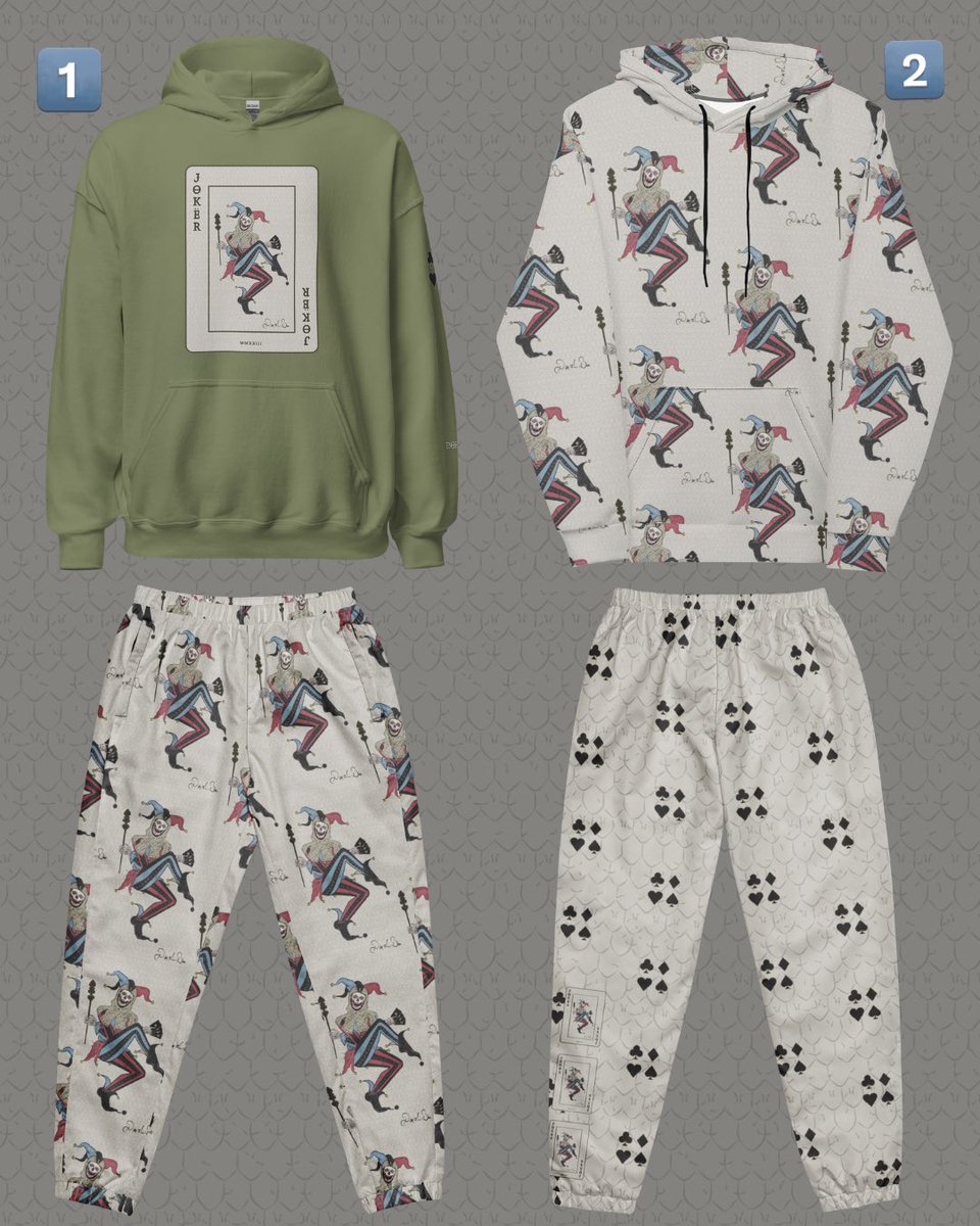 boredbyburnom's tweet photo. Which Bored Joker outfit will you choose? 1 or 2?

Shop Here: https://t.co/7pvxcTXNRr 🖤
#bored #art #drop #new #artwork #digitalart #artist #graphicdesign #design #poker #joker #playingcards #club #heart #spade #diamond #clothingdrop #hoodie #outfit #shopsmall #embroidered https://t.co/wCZpNCErzy