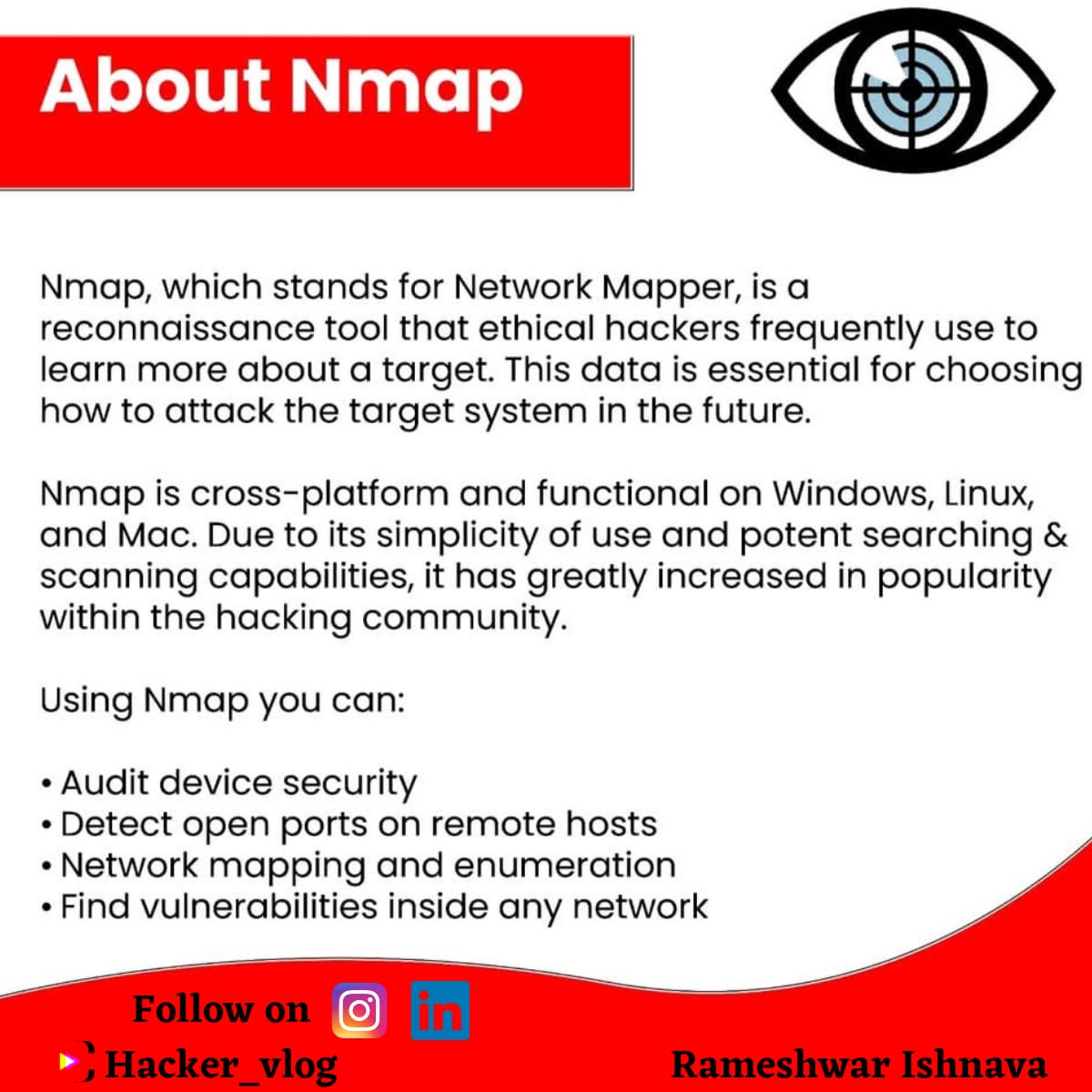 vlog_hacker's tweet photo. Nmap..?? Do you know about this tool?
#nmap #cybersecuritytips #hackervlog #hackervlogarmy https://t.co/0yPjstichV