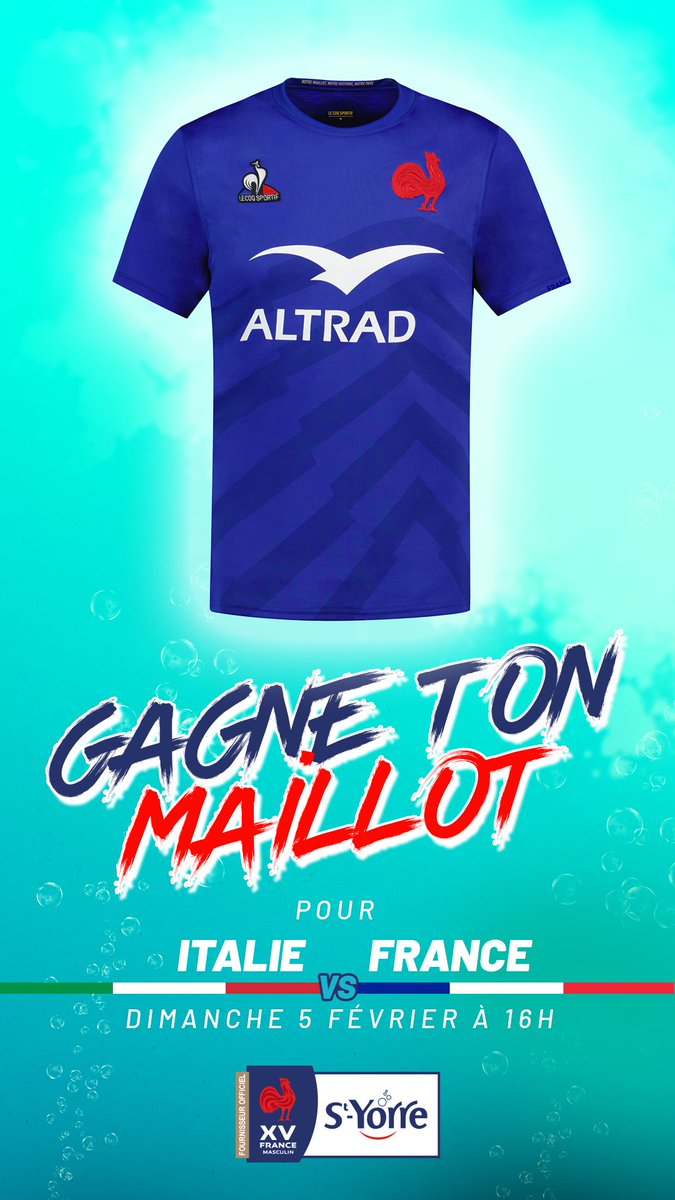 Jeu concours maillot🤩
#SoifdeVictoire💦

St-Yorre, partenaire du #XVdeFrance depuis 25 ans, vous offre un maillot des Bleus à l'occasion de #ITAFRA 😃  

👉 Follow + RT pour tenter votre chance au tirage au sort 🍀 

#CAVAFORT #concours