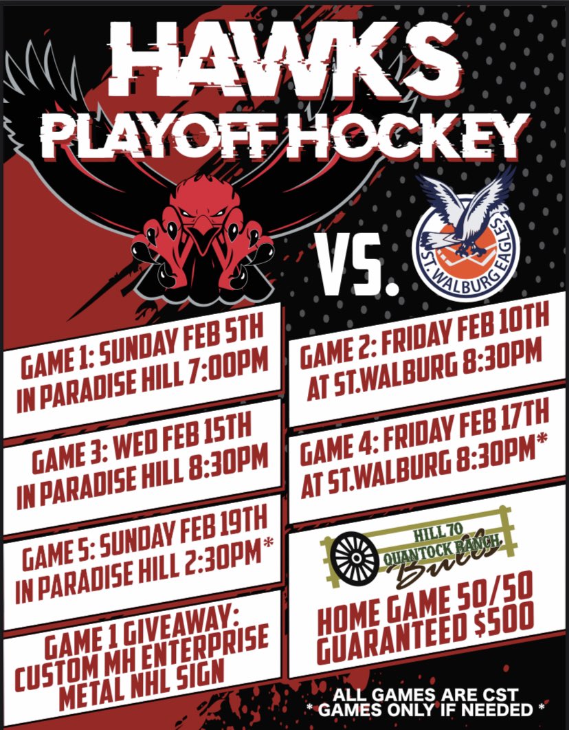 Round 1, Game 1 Vs St Walburg Eagles tonight at 7:00 CST in “The Hill”. 

This is a rematch of last years series the Eagles won &amp; eventually became league champions. 

50/50 $500 guarantee by Hill 70 Quantock and a custom built metal sign from <a href="/MHEnterprisesSK/">MH Enterprises Ltd.</a>