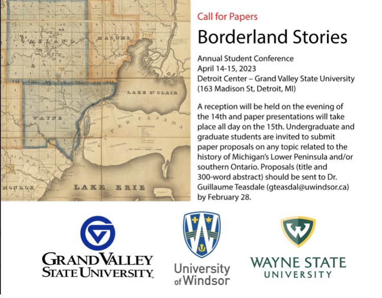 #CallForPapers Submit your proposal for the #BorderlandStories conference that will be held at the Detroit Center in April! 
#Undergraduate #Graduate #StudentResearch #Borderlands 
#BlackHistoryMonth #BorderlandsHistory #BlackCanadianHistory #twitterstorians #blktwitterstorians