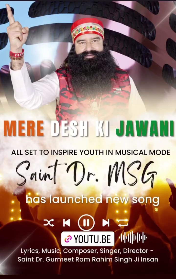 To inspire the youth Saint Gurmeet Ram Rahim Ji Insan has launched a new song #MereDeshKiJawani. It is inspiring everyone to participate in sports, win Olympics and make a mark with their knowledge globally.  Which has already started spreading on crores of hearts
 #PatrioticSong