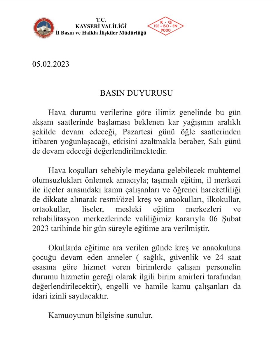 Sevgili öğrenciler meteoroloji verilerine göre İlimizde bu gece yoğun kar yağışı başlayacaktır. 6 Şubat tarihinde okullarımız 1 gün olmak üzere ilimiz genelinde tatil edilmiştir. Tüm öğrencilerimizin bu kar tatilini kitap okuyarak ve kar topu oynayarak geçirmelerini istiyoruz.😊