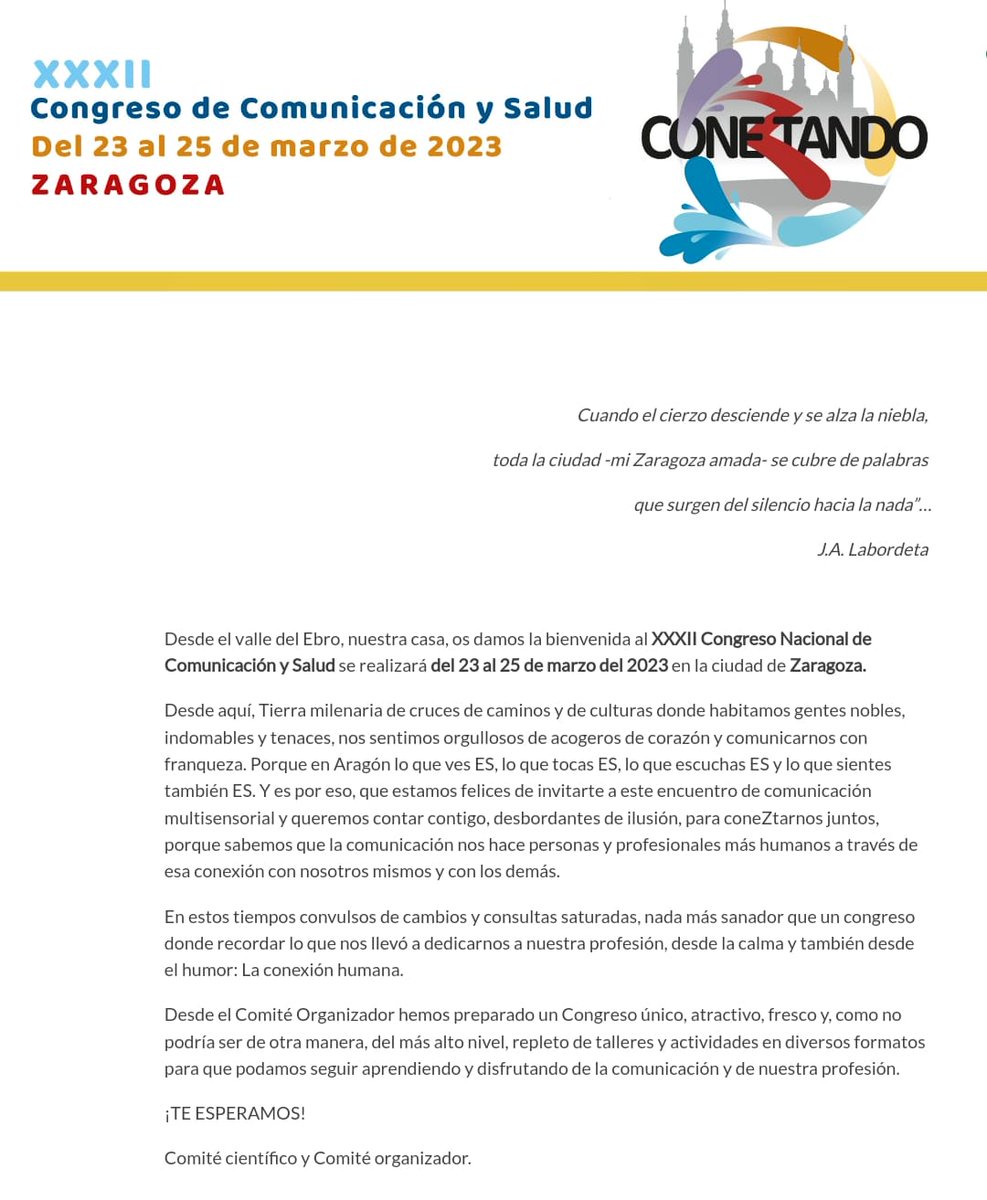 CONEZTANDO, que mejor nombre para un congreso de comunicación y salud en Zaragoza.
¡Os esperamos!
comunicacionysalud.semfyc.es/COMUNICACIONYS… 
#coneztando2023 #comunicación #salud # semfyc #congresos #medicina #enfermería #fisioterapia #trabajosocial #logopeda #farmacia #relatos #fotos #vídeos