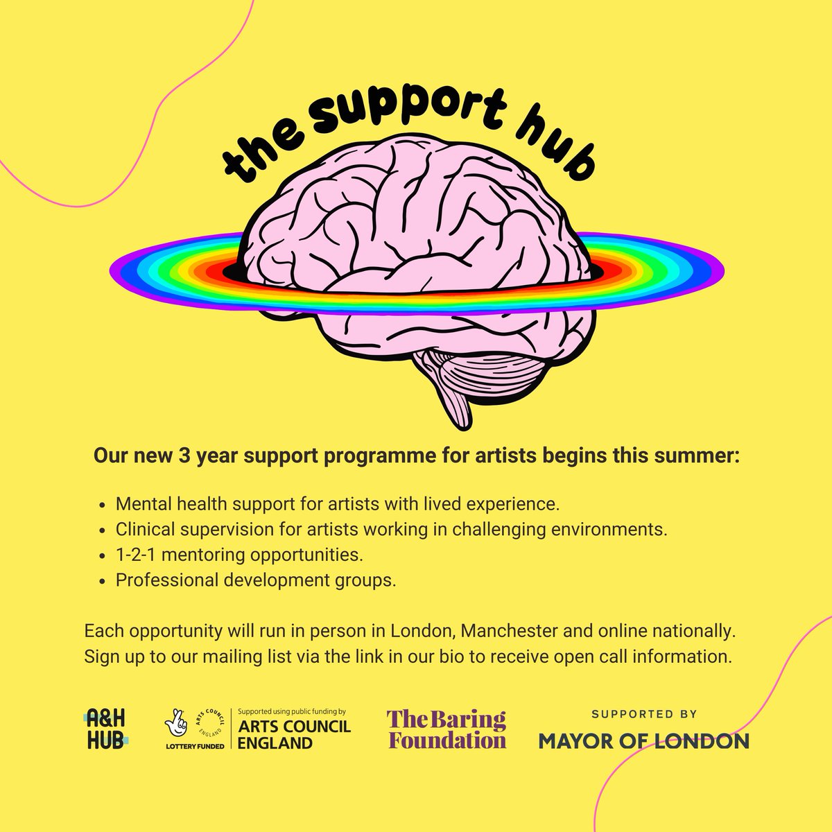 🎊Good news!

💷We've received funding from <a href="/ace_national/">Arts Council England</a>, <a href="/LDN_Culture/">Mayor of London's Culture team</a> &amp; @Baring_Found for our 3yr Support Hub project, providing affective &amp; professional development support for artists.

👨🏽‍🎨We're scaling up from our pilot to deliver in London, Manchester &amp; online nationally.